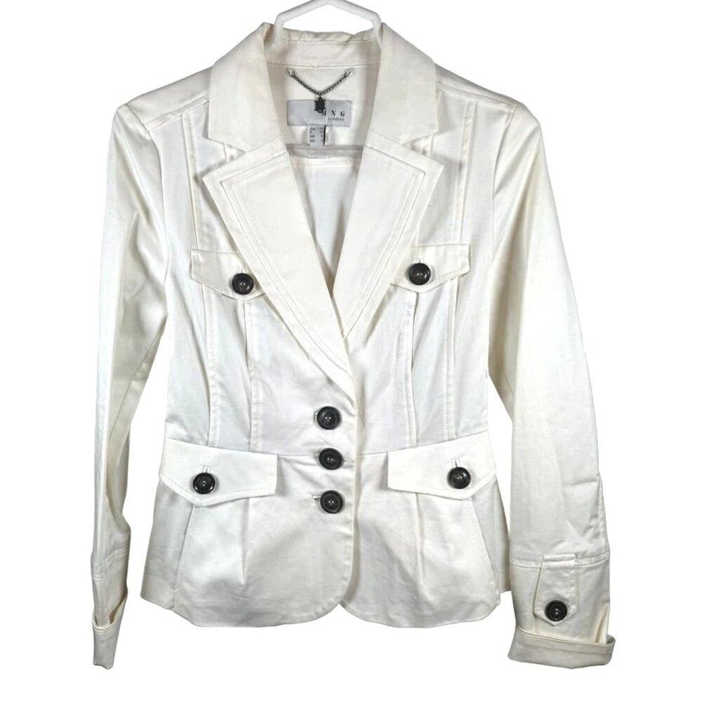 MNG by Mango Cotton Suit Jacket White Size 6  Blazer Cinched Waste Office Siren